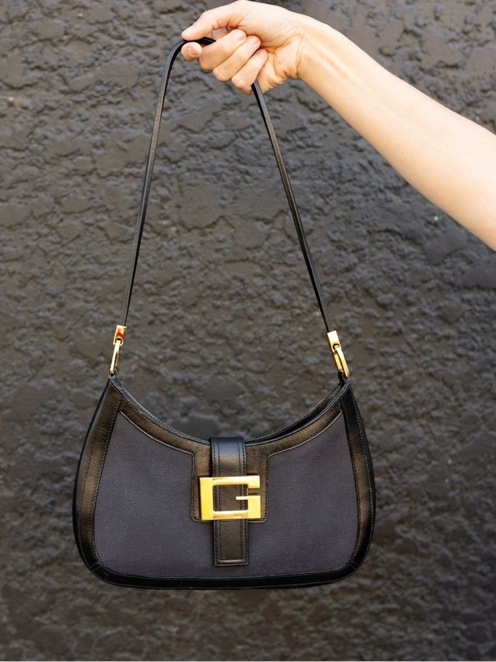 Vintage Gucci G Buckle Black Canvas & Leather Shoulder Bag